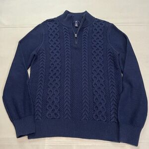 GAP Men Navy Fisherman Cable Knit 1/4 Zip Knit Sweater 100% Cotton M Preppy-4410